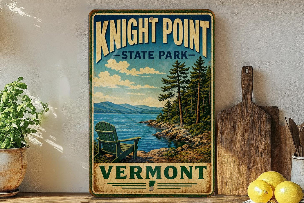 A vintage-style sign for Knight Point State Park in Vermont, featuring a scenic landscape with a lake, mountains, and a wooden bench.