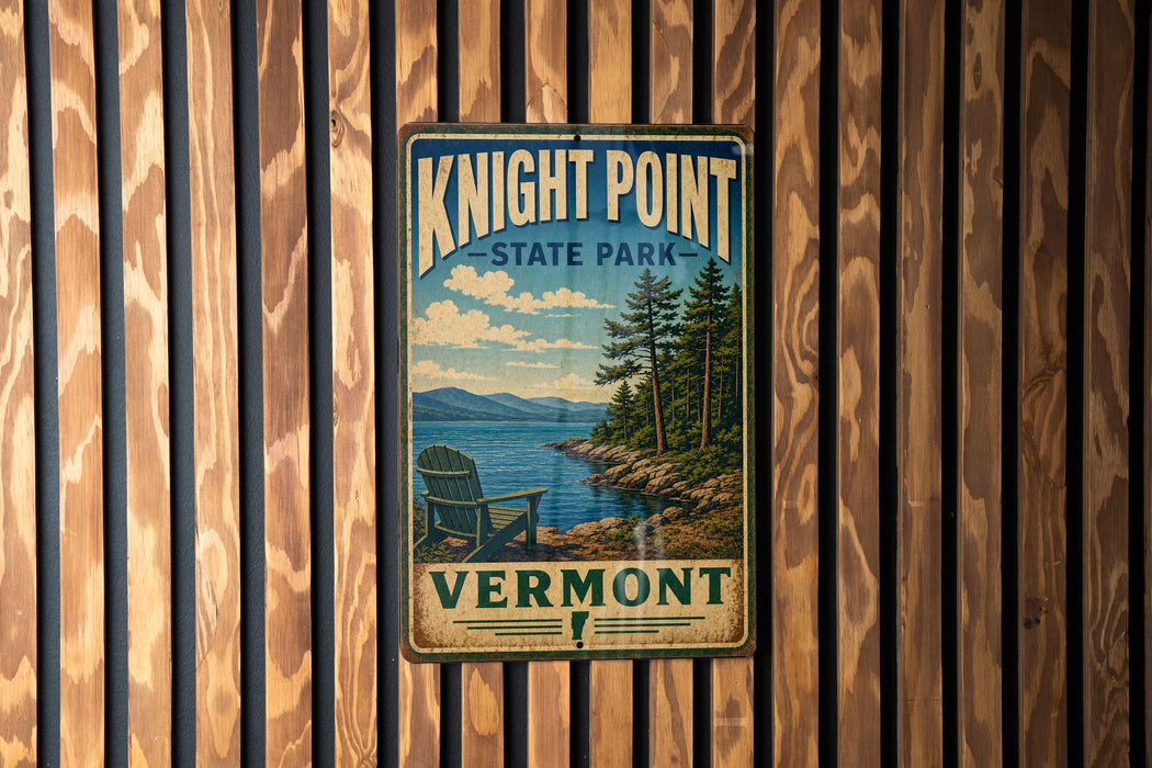 A vintage-style metal sign for Knight Point State Park in Vermont, featuring a scenic landscape with a lake, mountains, and pine trees.