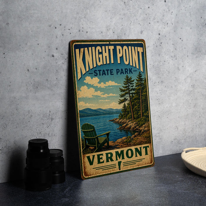 A vintage-style sign for Knight Point State Park in Vermont, featuring a scenic landscape with a lake, mountains, and a chair overlooking the water.