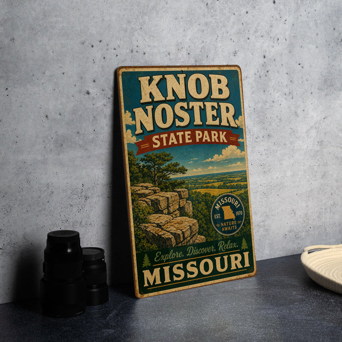 A vintage-style sign for Knob Noster State Park, featuring a scenic landscape with a rocky cliff and trees, is displayed on a gray concrete surface.