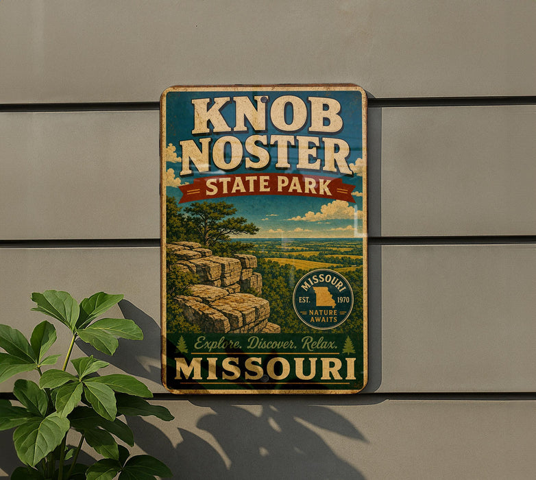 A vintage-style metal sign for Knob Noster State Park in Missouri, featuring a scenic landscape with mountains and trees.