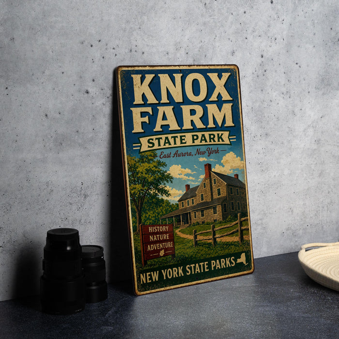 A vintage-style metal sign for Knox Farm State Park, featuring an illustration of a historic farmhouse and a sign that reads "History Nature Adventure".