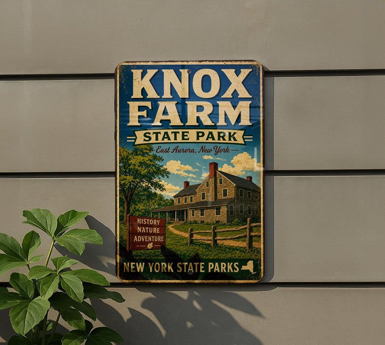 A vintage-style sign for Knox Farm State Park in New York, featuring a house and trees, mounted on a wall.