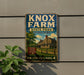 A vintage-style sign for Knox Farm State Park in New York, featuring a house and trees, mounted on a wall.