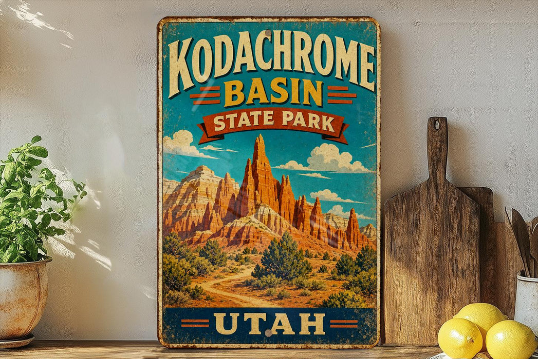 A vintage-style sign for Kodachrome Basin State Park in Utah, featuring a scenic illustration of the park's natural landscape.