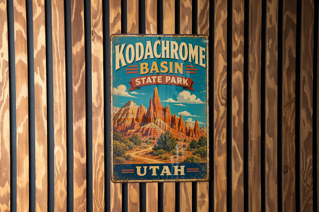 A vintage-style metal sign for Kodachrome Basin State Park in Utah, featuring a scenic illustration of the basin and mountains.