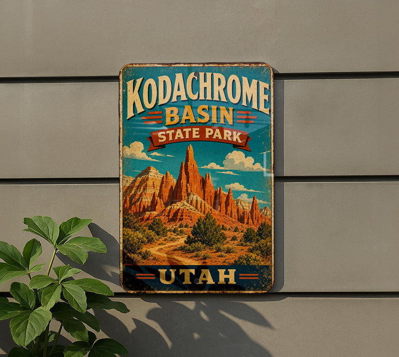 A vintage-style sign for Kodachrome Basin State Park in Utah, featuring a scenic illustration of the park's iconic rock formations.