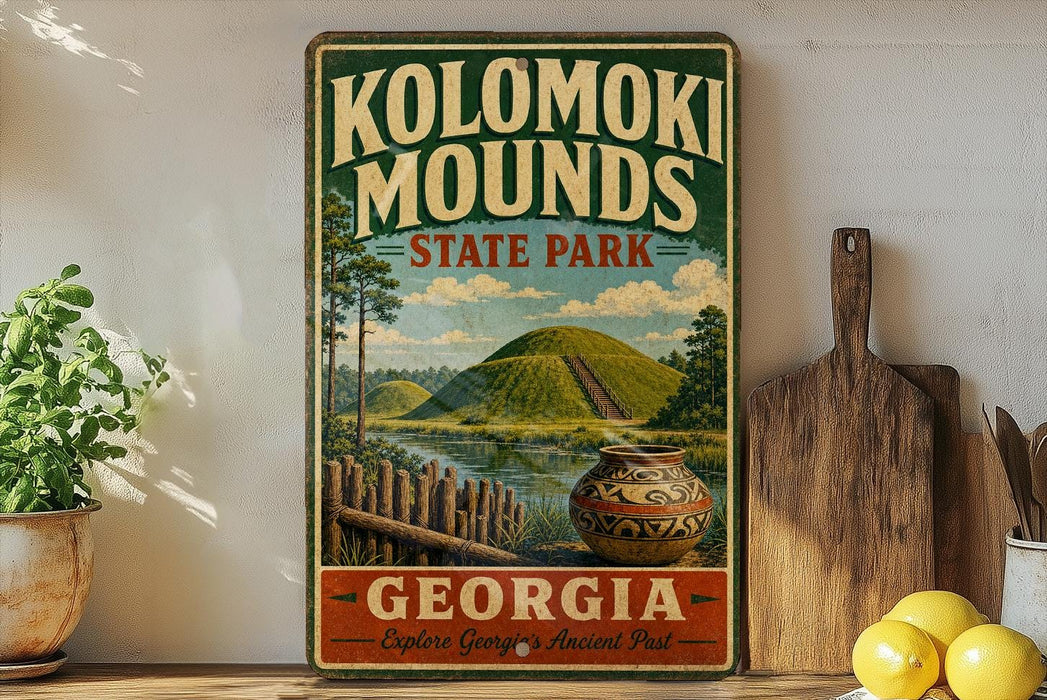 A vintage-style sign for Kolomaki Mounds State Park in Georgia, featuring a scenic landscape with a hill, river, and wooden fence.