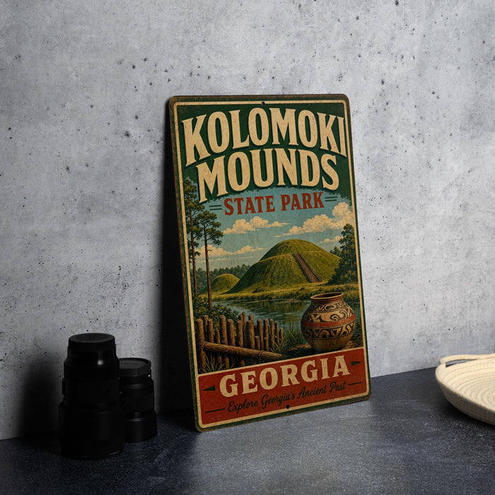 A vintage metal sign for Kolomokiki Mounds State Park in Georgia, featuring a scenic landscape with a hill, river, and other natural elements.