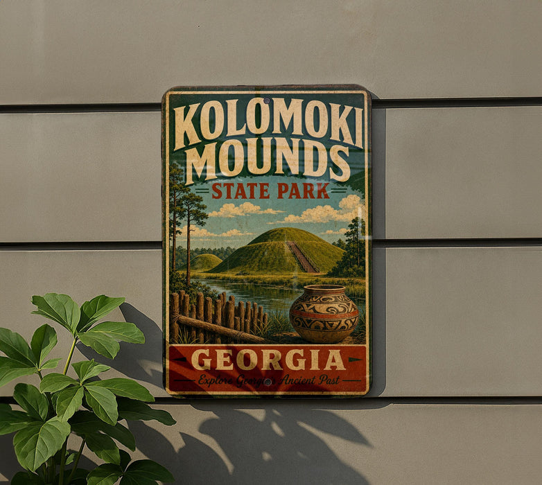A vintage metal sign for Kolomaki Mounds State Park in Georgia, featuring a scenic landscape with a hill, a river, and a vase.