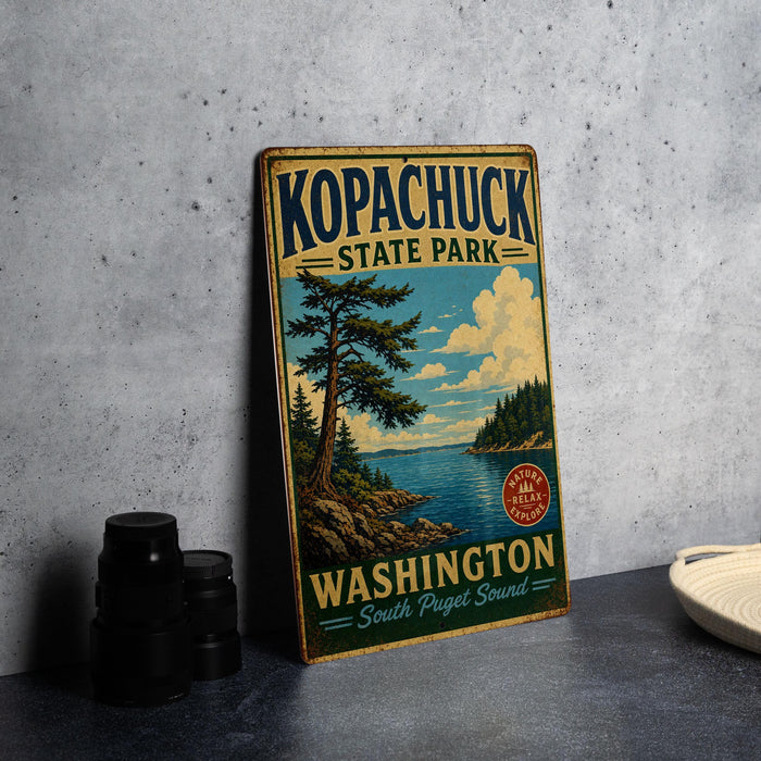 A vintage metal sign for Kopachuck State Park, featuring a scenic landscape with a lake and pine trees, is displayed on a gray countertop next to a stack of black camera lenses.