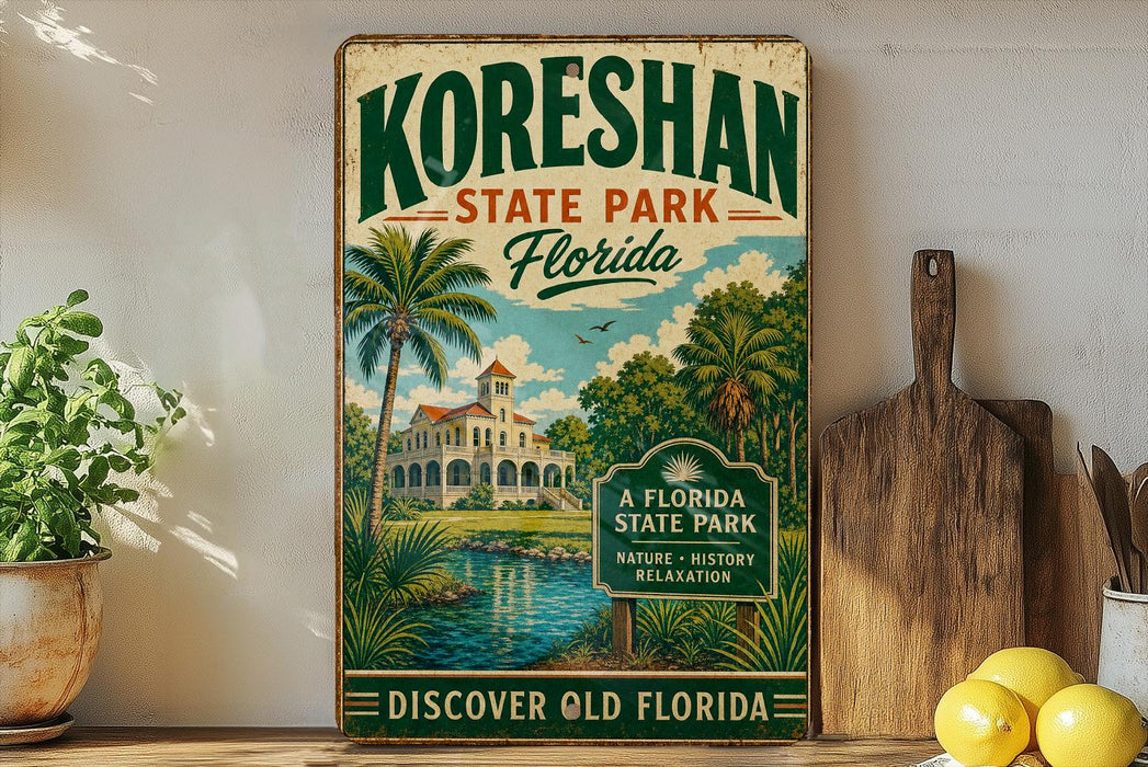 A vintage-style sign for Koreshan State Park in Florida, featuring a tropical landscape with palm trees, a building, and a body of water.