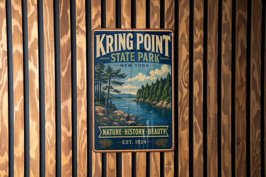 A vintage-style metal sign for Kring Point State Park in New York, featuring a scenic landscape with pine trees, a lake, and mountains.