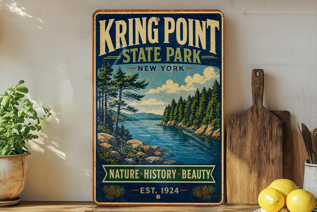 A vintage-style sign for Kring Point State Park in New York, featuring a scenic landscape with pine trees, a lake, and mountains.
