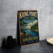 A vintage-style metal sign for "Kring Point State Park" in New York, featuring a scenic landscape with pine trees, a lake, and mountains.