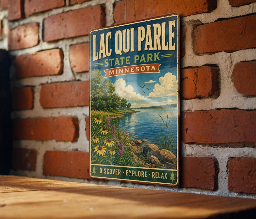 A vintage-style metal sign for Lacquis Parle State Park in Minnesota, featuring a scenic landscape with a lake, mountains, and flowers.