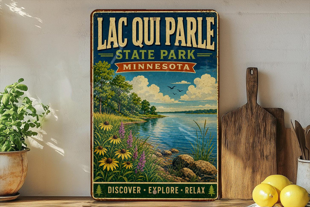 A vintage-style metal sign for Lacquis Parle State Park in Minnesota, featuring a scenic landscape with a lake, trees, and flowers.