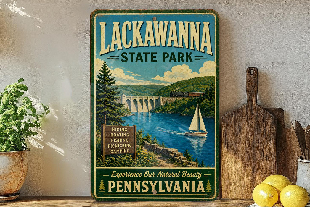 a vintage-style sign for Lackawanna State Park, with a scenic illustration of a river, bridge, and sailboat.