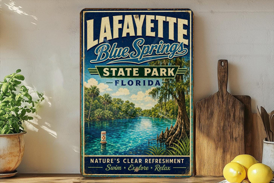 A vintage-style sign for Lafayette Blue Springs State Park in Florida, featuring a scenic image of the park's natural surroundings.