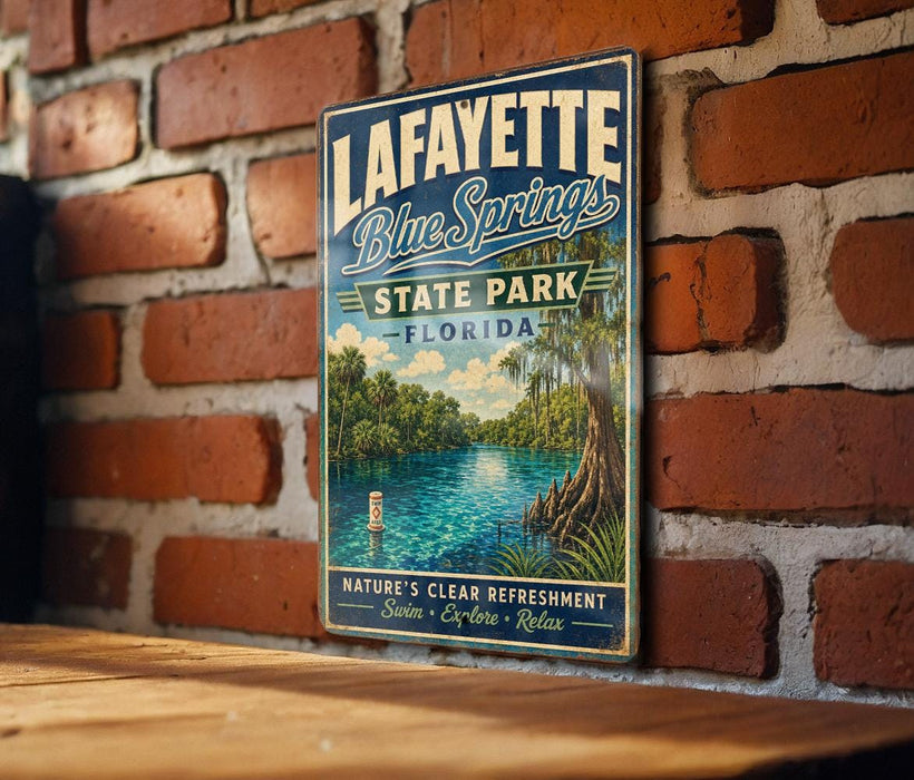 A vintage-style metal sign for Lafayette Blue Springs State Park in Florida, featuring a scenic illustration of the park's natural surroundings.