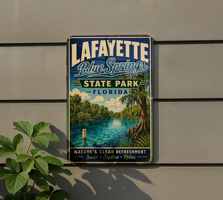 A vintage-style metal sign for Lafayette Blue Springs State Park in Florida, featuring a scenic illustration of the park's natural surroundings.