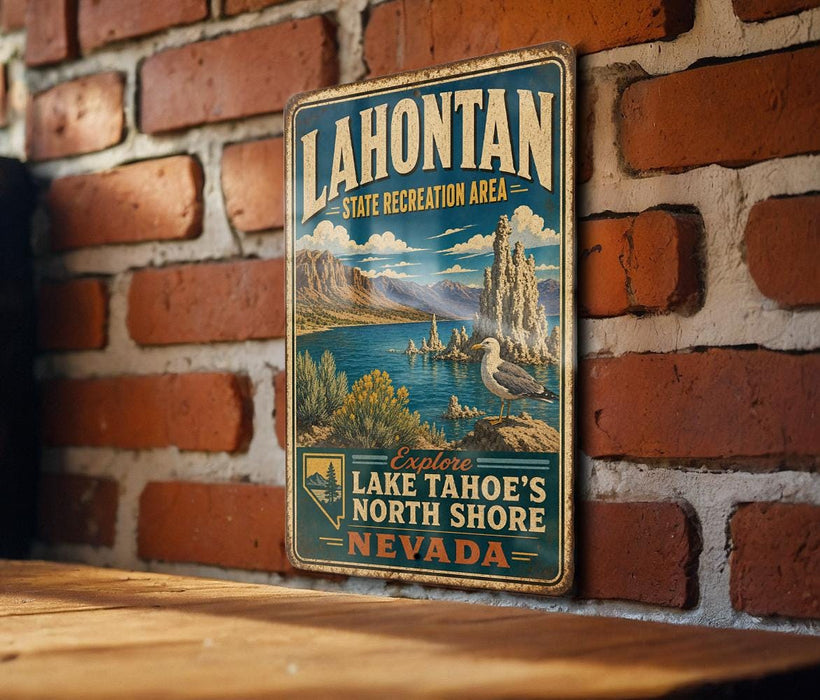 A vintage-style sign for Lake Tahoe's North Shore, Nevada, mounted on a brick wall.