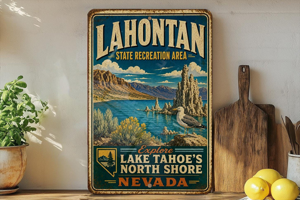 A vintage-style sign for Lake Tahoe, Nevada, featuring a scenic landscape with mountains, water, and a seagull.
