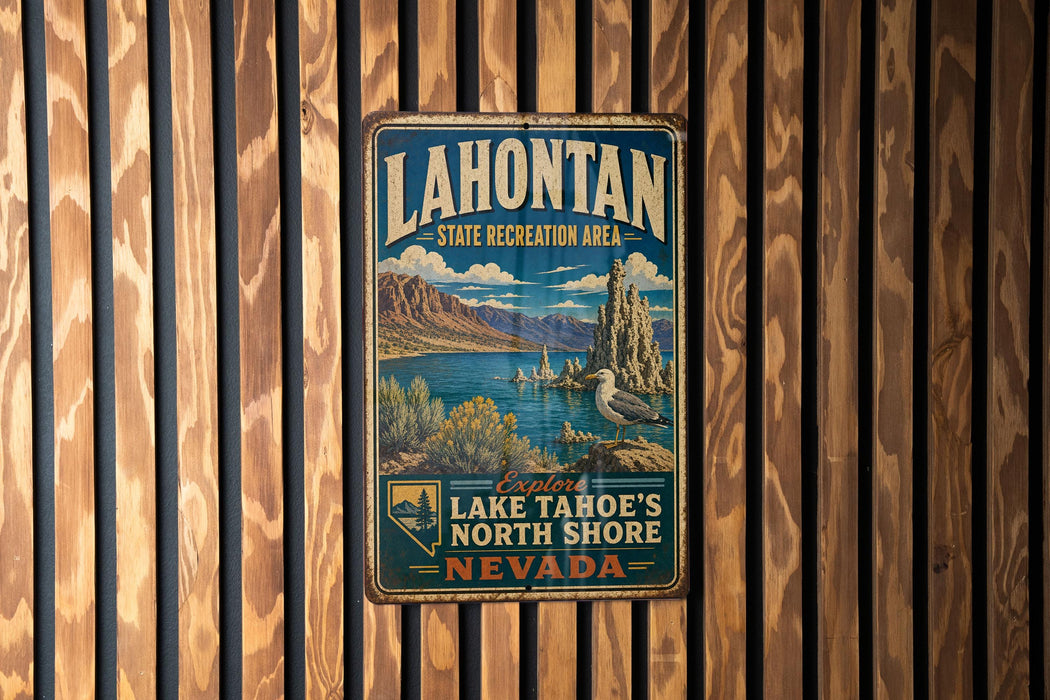 A vintage metal sign for Lake Tahoe, Nevada, hanging on a wooden wall.