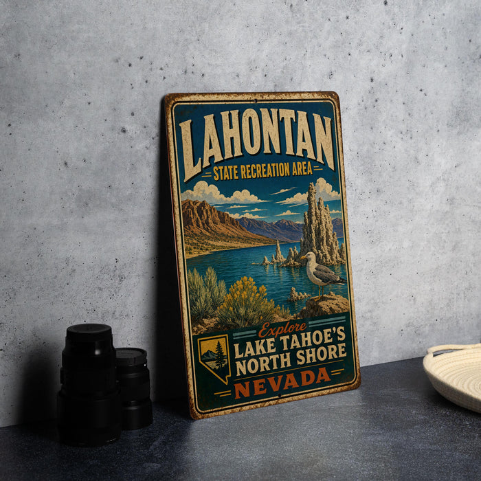 A vintage-style metal sign for Lake Tahoe, Nevada, featuring a scenic landscape with mountains, a lake, and a seagull.