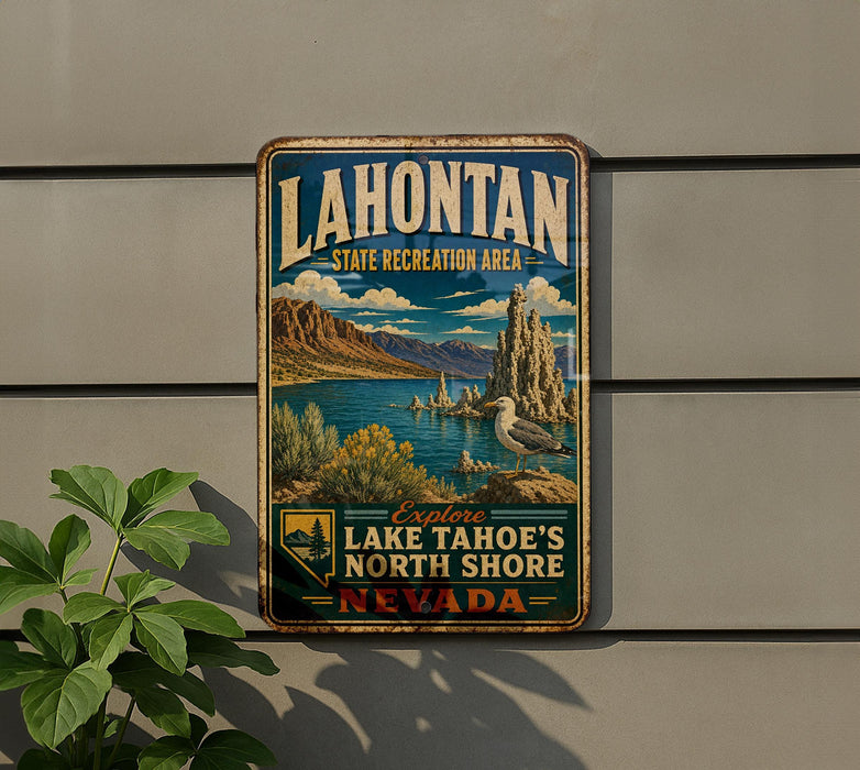 A vintage-style metal sign for Lake Tahoe, Nevada, featuring a scenic landscape with mountains, a lake, and a seagull.