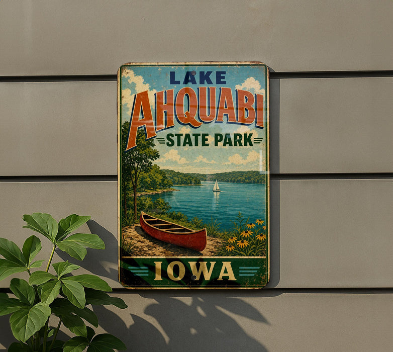 A vintage-style sign for Lake Ahwatukee State Park in Iowa, featuring a scenic image of a lake, a canoe, and a sailboat.