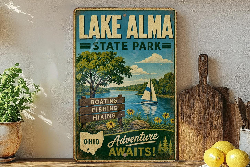 A vintage-style sign for Lake Alma State Park, featuring a scenic illustration of a lake, trees, and a sailboat, along with the text "BOATING FISHING HIKING" and "Adventure Awaits!"