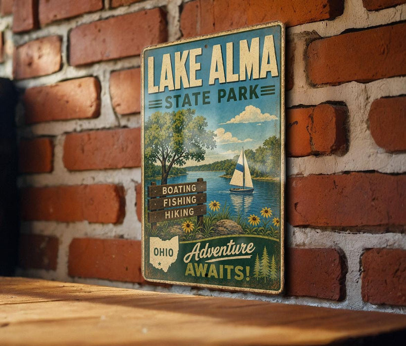 A vintage-style metal sign for Lake Alma State Park, featuring a scenic illustration of a lake, sailboat, and surrounding landscape.