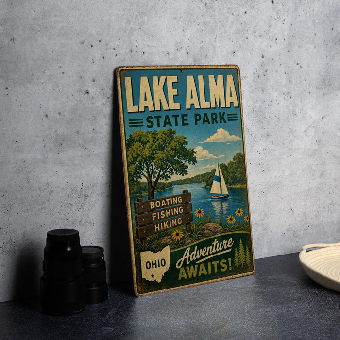 A vintage-style sign for Lake Alma State Park, featuring a scenic illustration of a lake, trees, and a sailboat, along with the text "BOATING FISHING HIKING" and "Adventure Awaits!"