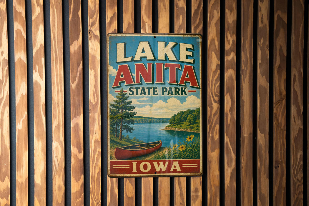 A vintage metal sign for Lake Anita State Park in Iowa, featuring a scenic illustration of a lake, canoe, and surrounding landscape.
