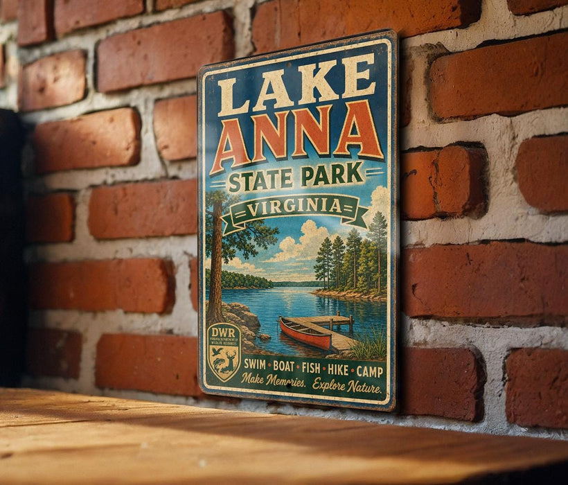 A vintage-style metal sign for Lake Anna State Park in Virginia, featuring a scenic illustration of a lake, trees, and a boat.
