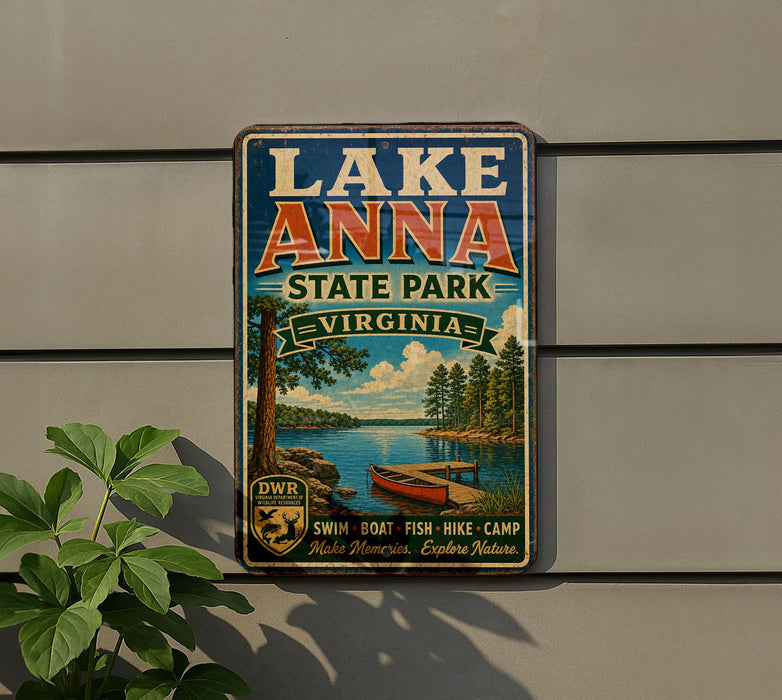 A vintage-style sign for Lake Anna State Park in Virginia, featuring a scenic image of a lake, trees, and a boat.