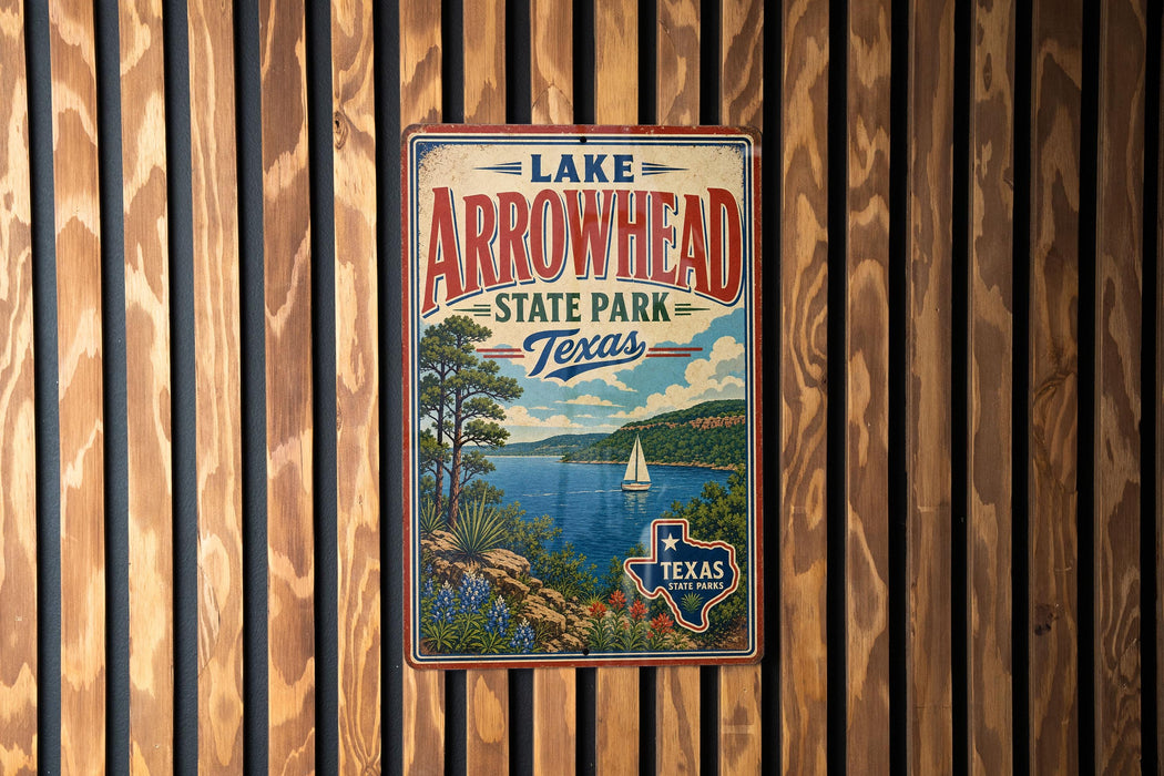 A vintage-style metal sign for Lake Arrowhead State Park in Texas, featuring a scenic landscape with a lake, mountains, and a sailboat.