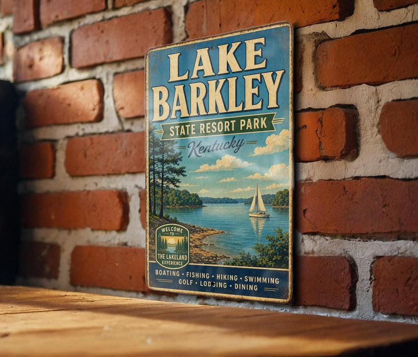 A vintage-style sign for Lake Barkley State Resort Park in Kentucky, featuring a scenic illustration of the lake and surrounding landscape.