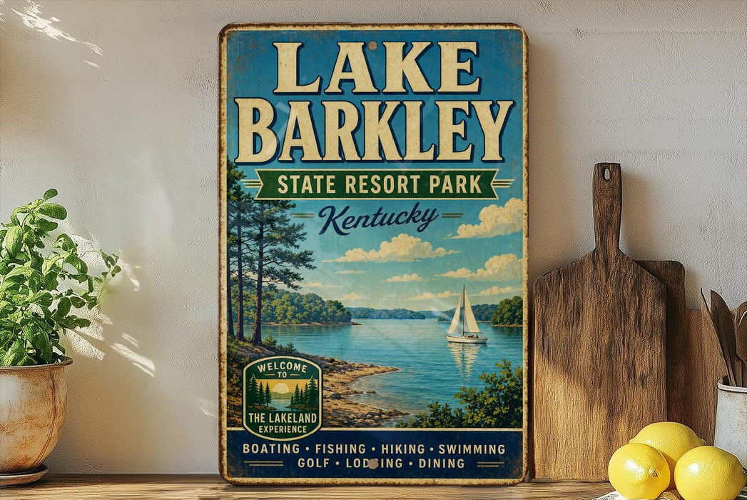 A vintage-style sign for Lake Barkley State Resort Park in Kentucky, featuring a scenic image of a lake with a sailboat, surrounded by trees and mountains.