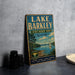 A vintage-style sign for Lake Barkley State Resort Park in Kentucky, featuring a scenic image of the lake and surrounding landscape.