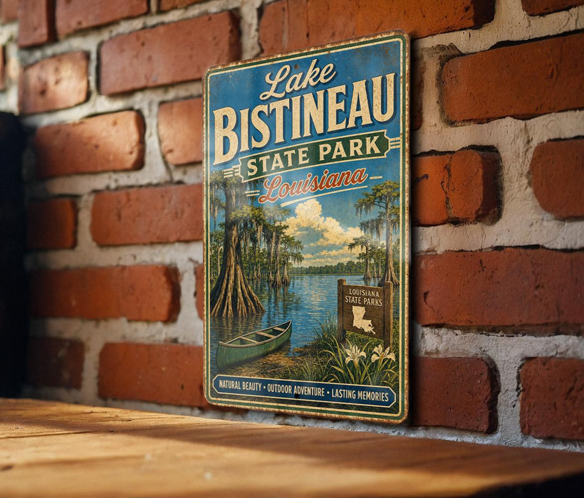 A vintage-style metal sign for Lake Bistaineau State Park in Louisiana, featuring a scenic illustration of the park's natural beauty and outdoor activities.