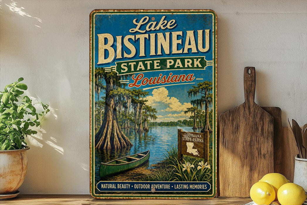 A vintage-style sign for Lake Bistineau State Park in Louisiana, featuring a scenic illustration of the park's natural beauty and outdoor activities.