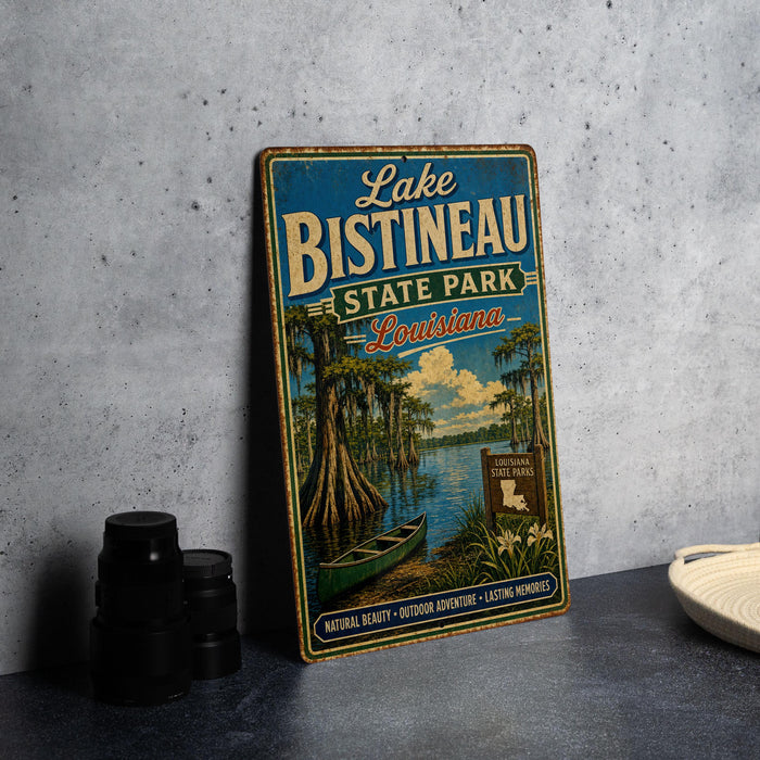 A vintage-style metal sign for Lake Bistineau State Park in Louisiana, featuring an illustration of a boat on the lake and a sign indicating the park's location.