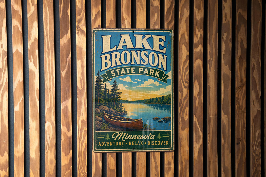 A vintage-style sign for Lake Bronson State Park, featuring a scenic illustration of a lake, canoe, and forest landscape.