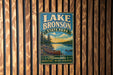 A vintage-style sign for Lake Bronson State Park, featuring a scenic illustration of a lake, canoe, and forest landscape.