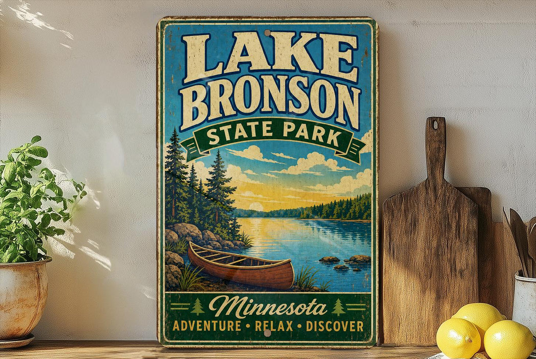 A vintage-style sign for Lake Bronson State Park in Minnesota, featuring a canoe on a lake surrounded by pine trees and mountains.