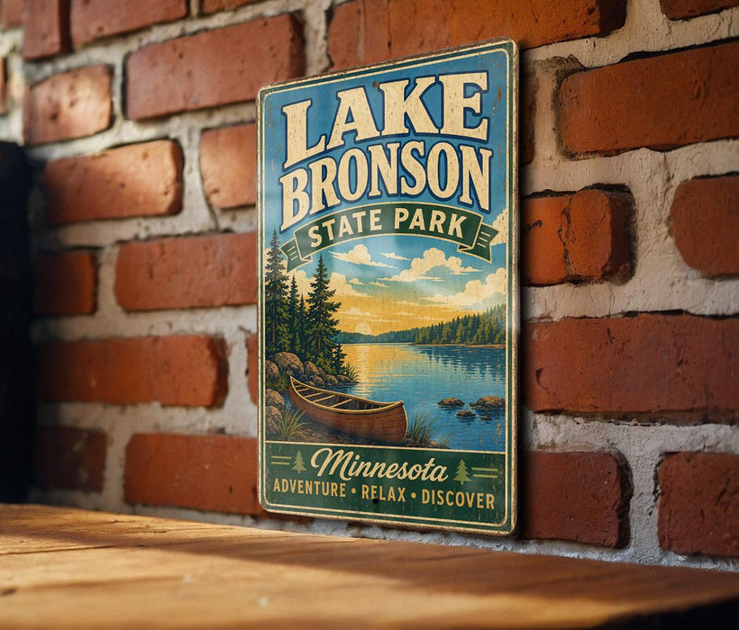 A vintage-style sign for Lake Bronson State Park in Minnesota, featuring a scenic landscape with a canoe on a lake.