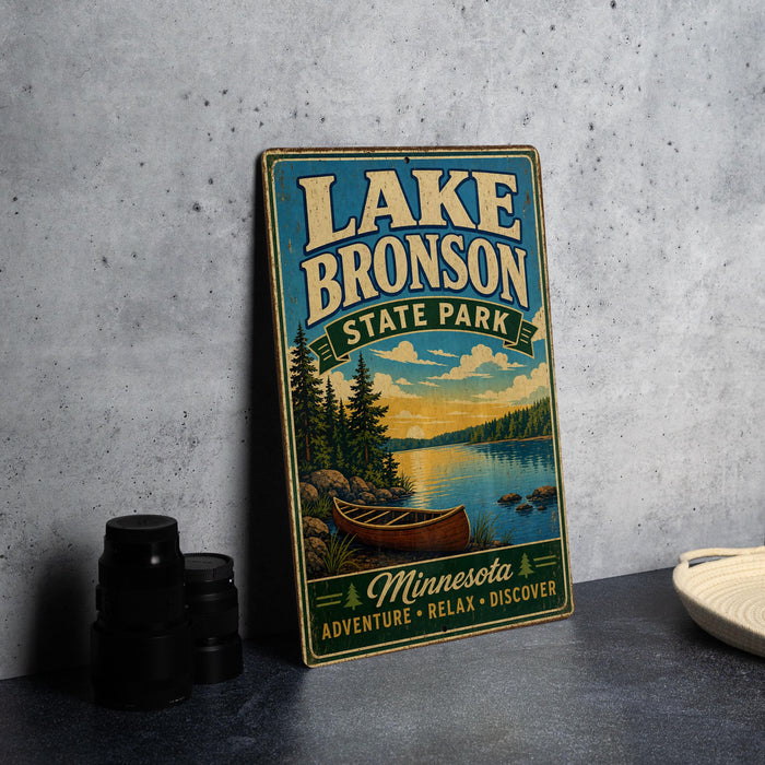 A vintage-style sign for Lake Bronson State Park in Minnesota, featuring a scenic illustration of a lake, canoe, and forest landscape.