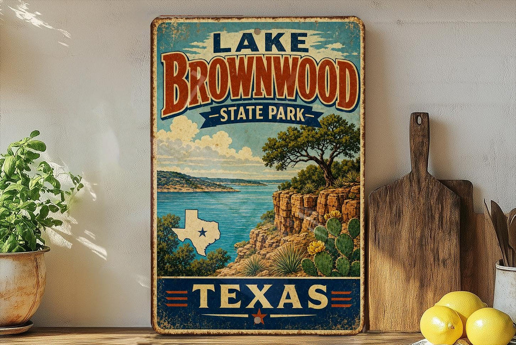 A vintage-style sign for Lake Brownwood State Park in Texas, featuring a scenic landscape with a lake, mountains, and a cactus.